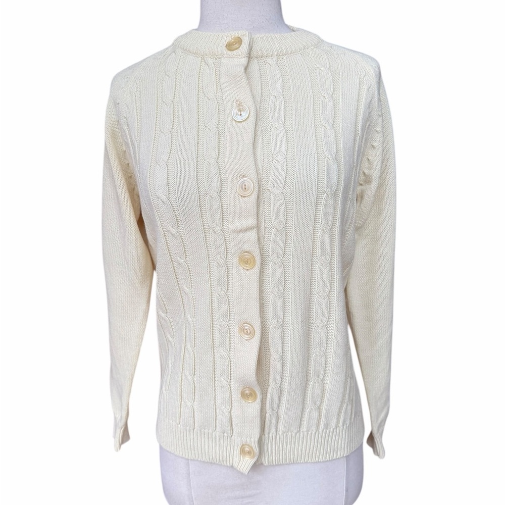 1970s Miss K 100% Acrylic Cream Cable Knit Crew Neck Full-Button Front Closure C
